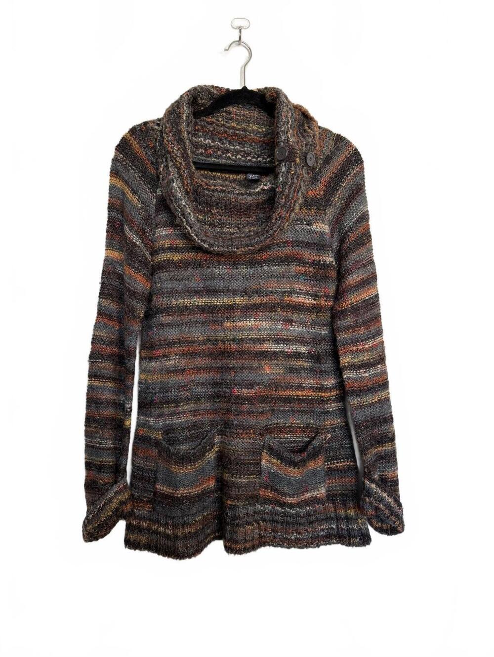 Vintage Y2K Bohemian Multicolor Striped Knit Sweater with Buttoned Cowl Neck